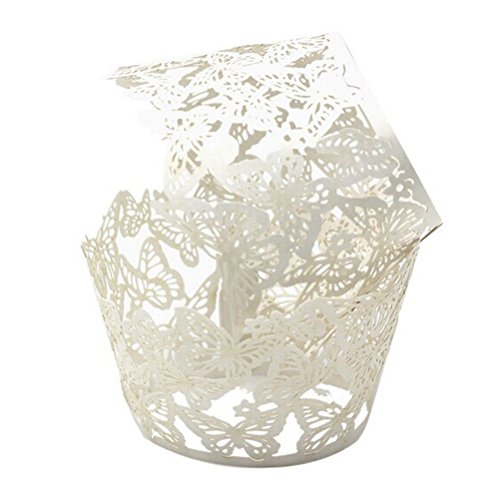 ROSENICE 50 Stück Cup Cake Cupcake Wrappers, Kuchen Pappbecher für Hochzeit Geburtstagsparty - Schmetterling hohlen Muster (weiß)