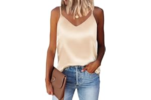 Vossmi Débardeurs Femmes Raso Chemise Satin sans Manches Tank Top Mode Chemisiers Col V Cami Tops Spaghetti Réglable Blouse Haut T-Shirt