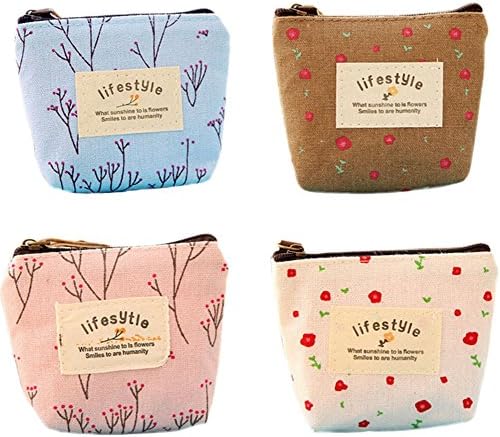 Spaufu 4x Coin Purse Canvas Mini Coin Purse Floral Pattern Zipper Wallet Key Holder Makeup Comestic Bag Ladies Gift