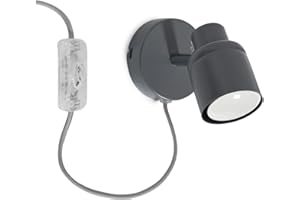 MiniSun | Matt Grey Single Spotlight Adjustable GU10 Plug-in Wall Light | Wall Spotlights, Home Décor & Improvement Essential | Includes 5W LED Bulb [3000K Warm White]