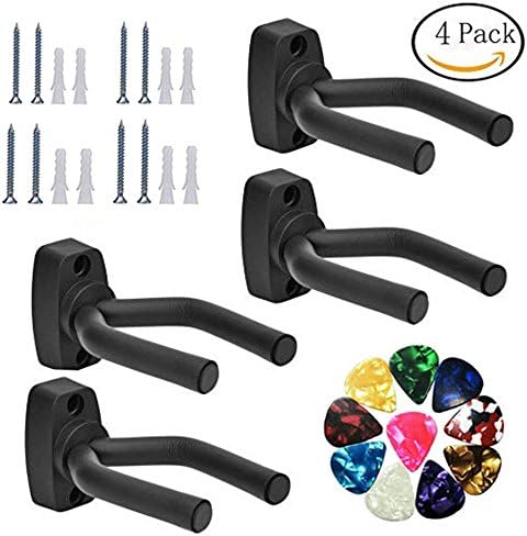 4 Pack Guitar Hanger Hook Holder Wall Mount Display - Fits All Size String Musical Instrument with 10 pcs Picks