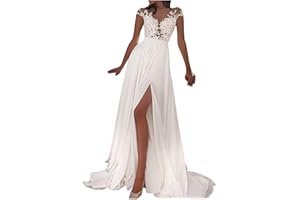 Onsoyours Abiti da Sposa Donna Elegante Senza Maniche Scollo a V Nuzial Abito con Spacco Pizzo Lungo Vestito