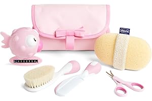 Chicco Baby-Badeset, Geschenkidee, Geschenkidee zur Geburt, mit Kamm, weicher Bürste, Thermometer, Waschlappen aus Frottee und einer Schere, Babyhygiene, Badeartikel, Rosa