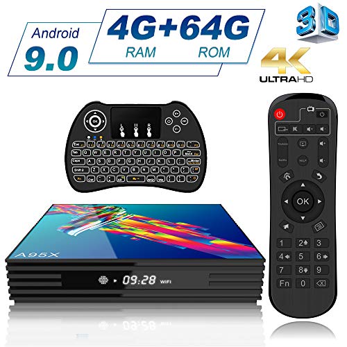 Android 9.0 TV Box A95X 4K Smart TV Box [4GB RAM + 64GB ROM] Bluetooth 4.2 3D RK3318 Quad-Core Cortex-A53 CPU 2.4G/5GHz WiFi Ethernet LAN100M H.265 with Wireless Mini Backlit Keyboard Smart TV Box