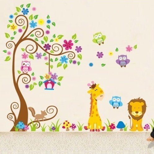 1 X Dschungel-Zoo: Eulen auf Baum mit Giraffe und Löwe unter für Kinder Kinderzimmer - 3