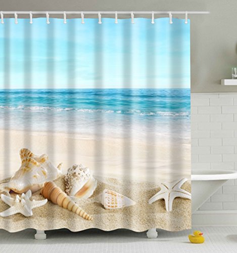 Sandstrand & Tritonshorn & Seestern Duschvorhang, Qile Anti-Schimmel & Anti-Bakteriell 3D Duschvorhänge für Bad Badezimmer 180 x 180 cm + 12 Haken