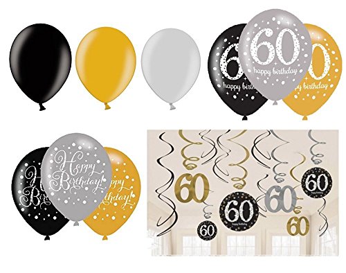 FesteFeiern® Swirl Dekoration Spiralen Set zum 60 Geburtstag | Hängedekoration 21 Teile gold schwarz silber | 60 Happy Birthday.