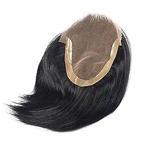 Human Hair Super Swiss lace Hair Patch/Men Wigs With Tape or Glue With Free Front Lace Tape (8X6, Black)
