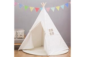 SNEWVIE Large Canvas Children Indian Tent TeePee Kids Wigwam Indoor Outdoor Playhouse With Storage Bag and Flag