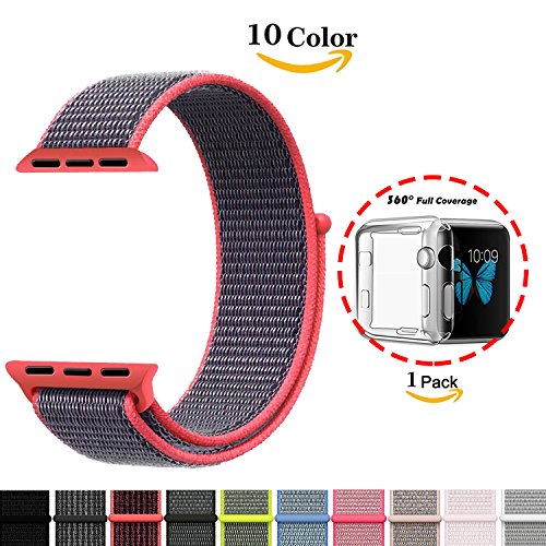 Chok Idea Watchband Strap For Apple Watch,[With Clear TPU Case],42mm Nylon Sport Loop with Hook and Loop Adjustable Fastener Replacment Band for iWatch Apple Watch Series 2 Series 3,Electric Pink