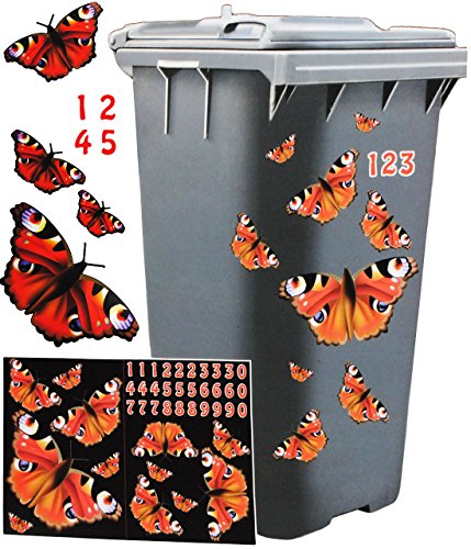 Aufkleber für Mülltonne – “ Motiv-Mix “ – circa 40 tlg. Set – incl. Zahlen – Mülltonnenaufkleber / Mülltonnensticker – Sticker _ wetterfest & wasserfest – Mülltonnen / Mülleimer – lustige Tiere – Ente / Küken – Entchen – Blumen – Blüten Schmetterlinge - 6