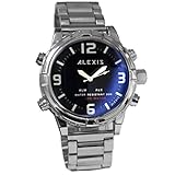 Alexis Herren Runden Armbanduhren Japan PC21 Quarz Uhrwerk Matt Silber Edelstahlband Weis Dial Wasserdicht Alarm Back Light 24-Hour Format Dual Time Display