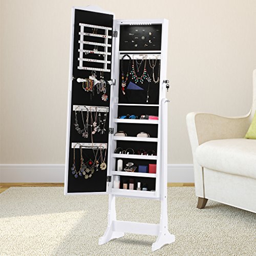 LANGRIA Schmuckschrank Abschließbar Spiegelschrank mit LED-Leuchten, 5 Regale Aufbewahrung für Ringe, Ohrringe, Armbänder, Broschen, Kosmetik (Weiß) - 2