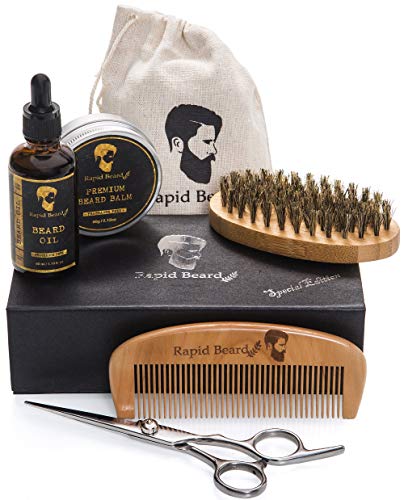 Kit Barbe Entretien et Soin pour Homme - Brosse en Soies Poils de Sanglier Naturel, Peigne, Huile à Moustache, Baume Cire Pommade, Ciseaux de Barbier - Pour Coiffer, d'Entretien Coffret Set Toilette