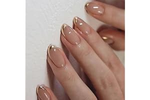 EONFAVE False Nails French Tip - 24pcs Nude Gold Edge Press on Nails - Short Almond Strong Fake Nails with Glue - Full Cover Stick on Nails for Women French Nail Art