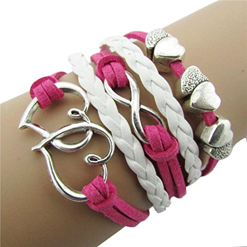 DDLBiz® Vintage Antique Hot Pink Infinity Double Love Friendship Leather Rope Alloy Charm Bracelet Wristband