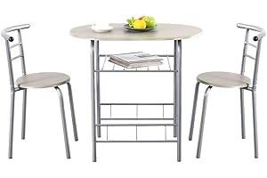 GiantexUK 3-Piece Dining Table Set, Metal Frame Kitchen Table Set with Storage Shelf, 2 Chairs, Compact Breakfast Bar Table Set for Home Kitchen Living Room Apartment Office (Grey + Silver)