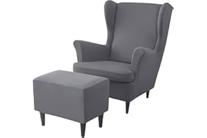 JHLD copripoltrona con Orecchie Elasticizzato con Copri Pouf, Spandex Poltrona Protettiva con Copertura dell'Ottomano Con Fondo elastico Copripoltrona -grigio-3 pezzi
