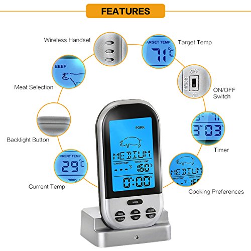 Wireless Barbecue Grill Thermometer ,SGODDE Digital Zeitmesser mit großem LCD-Display , Grillthermometer Bratenthermometer mit Timer für BBQ Kochen, Grill, Ofen, Fleisch, Indoor / Outdoor-Grill silber - 2