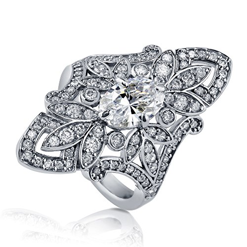 Berricle Rhodium Plated Sterling Silver Cubic Zirconia Cz Art Deco Cocktail Statement Ring