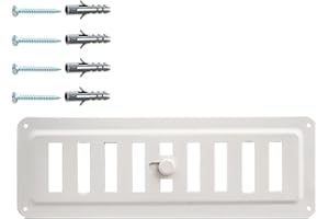 DEMLOU smukła regulowana kratka wentylacyjna 23×7,5 cm – ocynkowana stal malowana proszkowo biały RAL9016, otwieranie-zamykanie powietrza, ściany, sufity, kominki, piece, odporność do 200 °C.