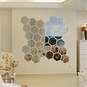 Wall1ders 31 Hexagon & 10 Butterflies Silver (Each Piece Size 10.5 cm x 12.1 cm) Hexagon Mirror Wall Stickers, Mirror Stickers for Wall.