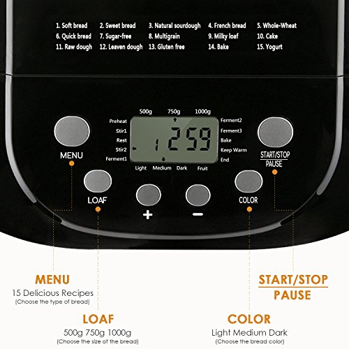 Aicok Brotbackautomat, 2.2LB Programmierbare Brotbackmaschine Edelstahlgehäuse mit 15-Stunden-Verzögerungs-Timer, 15 Programmen – Glutenfreie Vollweizen-Brotbackmaschine - 5