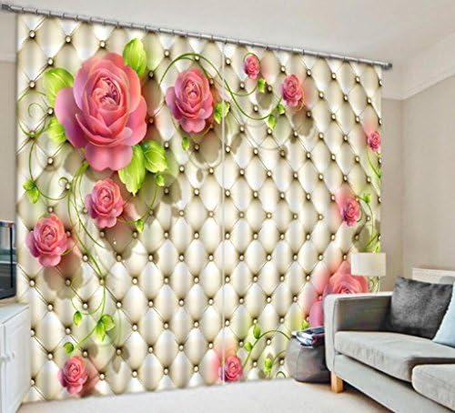KKLL Curtains 3D Pink flowers Three dimensions Visual effect Blackout Noise Reduction Drape Window Drapes Panels for Bedroom , wide 3.2x high 2.7