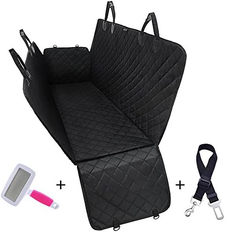 Dog Seat Cover Car Hammock, Ownmax Nonslip Travel Pet Seat For Car Zipper Design With Extra Side Flaps Adjustable Anchors Rear Backseat Protector, Dog Safety Belt Clip and Grooming Brush Included