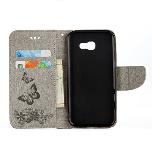 Galaxy A5 2017 Hülle,Samsung Galaxy A5 2017 Blumen Case,JAWSEU Retro Prägung Schmetterling Blumen Muster Kunstleder PU Leder Strap Brieftasche Bookstyle Magnetverschluss Schutzhülle Handytasche Case Cover Etui mit [Ständerfunktion] und [Kartenfächer]für Samsung Galaxy A5 2017+1xSchwarz Glitzer Bling Eingabestift-Grau Schmetterling - 2