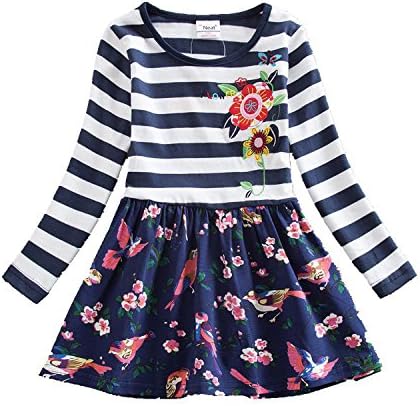 Aiffer Baby Kids Girls Cotton Embroidery Rainbow Long Sleeve Flower Dress,Spring Autumn Stripe Soft Comfortable Children Skirt For 3-8 Years.