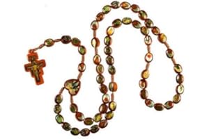 UNKNOWN St Joseph's Catholic Giftshop Icon and Saints Rosary. Brown Wood Rope Necklace. 48 cm. Fits Over Head. Franciscan Crucifix. Assorted Saints. Catholics, Women