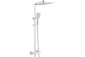 Auralum Columna Ducha con Rociador Ducha 30x30cm Cuadrado Acero Inoxidable y Grifo Ducha Termostatico de Latón, Columna Altura Adjustable entre 80-124cm