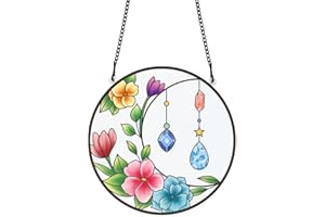 PLIGREAT Lune Cristal Fleur teinté Suncatcher fenêtre Tentures murales Ornement coloré Art Peint Acrylique Verre Panneau Artisanat pour Jardin Maison intérieur et extérieur Suspendus décorations