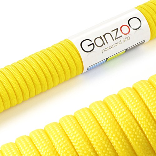 Cuerda de Supervivencia de Uso Universal multifuncionales paracaídas Paracord 550 (Cuerda Trenzada de Nailon), soportan hasta 250 kg, Longitud Total 15 Metros (50 ft) Color: Amarillo - Marca Ganzoo