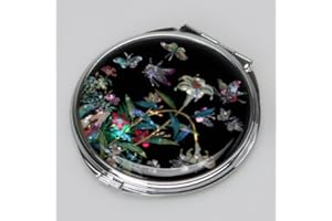 ANTIQUE ALIVE Mother of Pearl Lily Compact Makeup Pocket Round Purse Cosmetic Mirror in Black