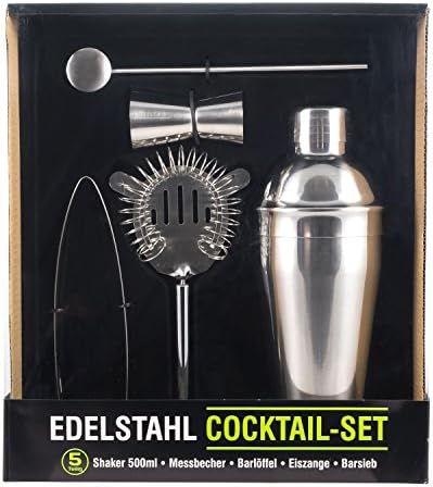 Trend Ario – Premium Cocktail Shaker Set – Cocktail Set Stainless Steel 5-Piece Cocktail Mixer Set: Martini Shaker Mixer 0.5 l with Strainer + Measuring Cup + Bar Spoon and Tongs