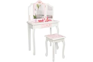 LALAHO Coiffeuse pour Enfants avec Miroir à Trois Volets, Coiffeuse Fille avecTabouret avec Deux miroirs rabattables à 180° pour Les 4-9 Ans (Blanc & Rose)