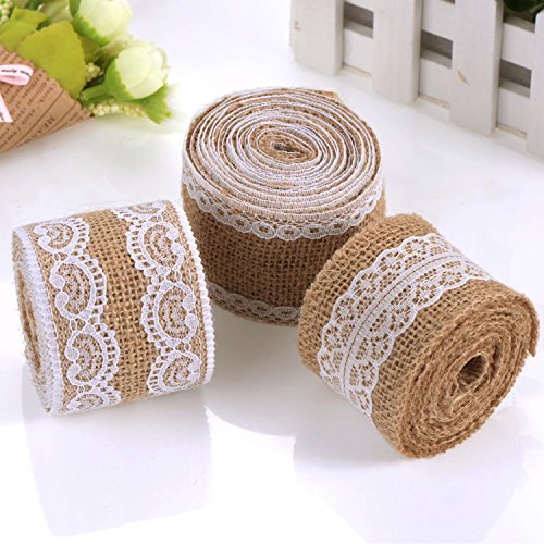 eBoot 3 Stück Natürlich Leinen Band mit Weiß Spitze für DIY Handgemacht Hochzeit Handwerk Spitze Leinen, 78,7 Zoll pro Stück - 7