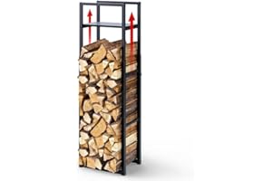VOUNOT® Log Store Firewood Storage Rack with Adjustable Height 120/145/170 cm, Metal Wood Holder with Integrated Shelf, Heavy Duty Vertical Log Stand for Indoor and Outdoor Firewood Storage, Black