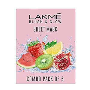 Lakme Blush & Glow Sheet Mask, Pack of 5, Fruit Facial Like Glow!, 25 ml, 1 Count