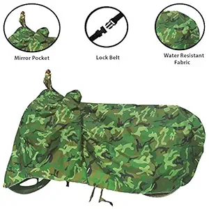 ShieldhubPro Bajaj Avenger Cruise 220-Dustproof and Water Resistant Bike Body Cover with Mirror Pockets and Lock Belt (Green Multi-Jungle)