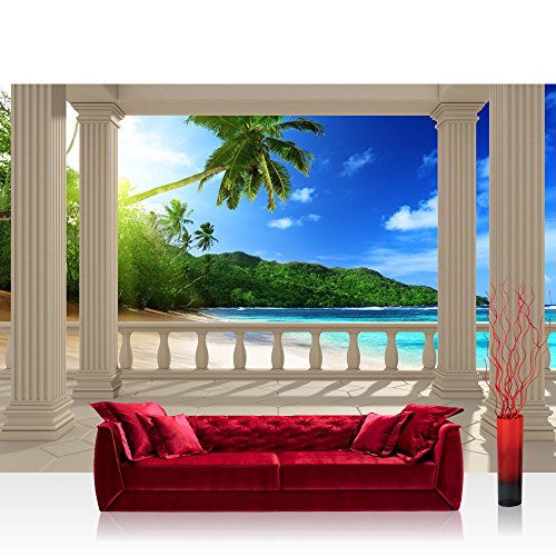Vlies Fototapete 350x245 cm PREMIUM PLUS Wand Foto Tapete Wand Bild Vliestapete - TERRACE VIEW CARIBBEAN BEACH - Ausblick Terrasse Seeblick 3D Strand Beach Meer Sonne Palmen - no. 121