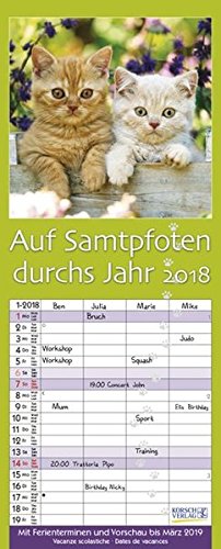 Auf Samtpfoten durch's Jahr 2018: Familienplaner mit 4 breiten Spalten. Hochwertiger Familienkalender mit Ferienterminen und Vorschau bis März 2019. 19 x 47 cm.