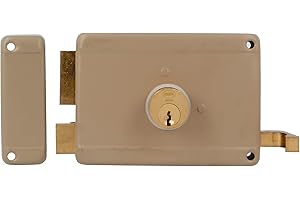 Amig - Cerradura de Sobreponer de Izquierda con palanca de Cierre, Lengüeta y Tirador para Puertas de Madera Mod. 78-120 x 85 mm - Pestillo con Cilindro Redondo de Serreta - Acero Beige