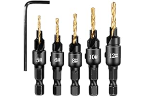 ZAYEJOD 5Pcs Countersink Drill Bit Set,Titanium Plating 1/4inch Hex Shank Power Tools and HSS Quick Change Drill Bit Woodworking Chamfer Tool Adjustable for Wood Drilling,Plastic,Soft Metal,PVC