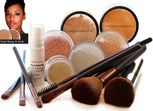 DARK SKIN Mineral Makeup Foundation 14 Piece COMPLETE SET Pure Natural Minerals With Organic Silk Primer, Full Cover by Intelligent Cosmetics®