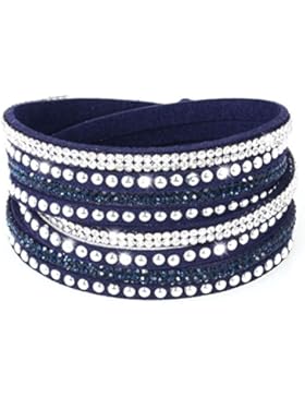 Armband Wrap Kaskade Slake Strasssteine Brillant Kristall Leder Wildleder blau