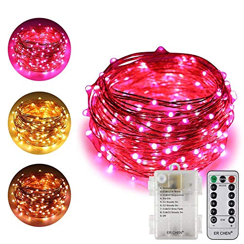 ErChen Battery Operated Dual-Color Led String Lights, 66FT 20M 200 LEDs Color Changing Dimmable 8 Modes Copper Wire Fairy Lights with Remote Timer for Indoor Outdoor Patio (Warm White, Pink)