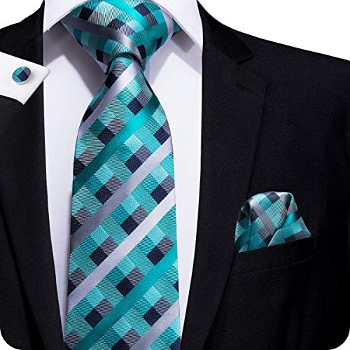 Set Hi-Tie de pañuelo y corbata de seda y de gemelos, con diseño de cuadros, para hombre Azul Teal